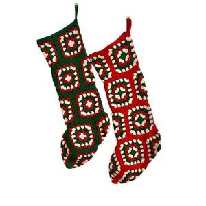 Handmade Granny Square Christmas Stocking Set of 2 XL Vintage Green Red White